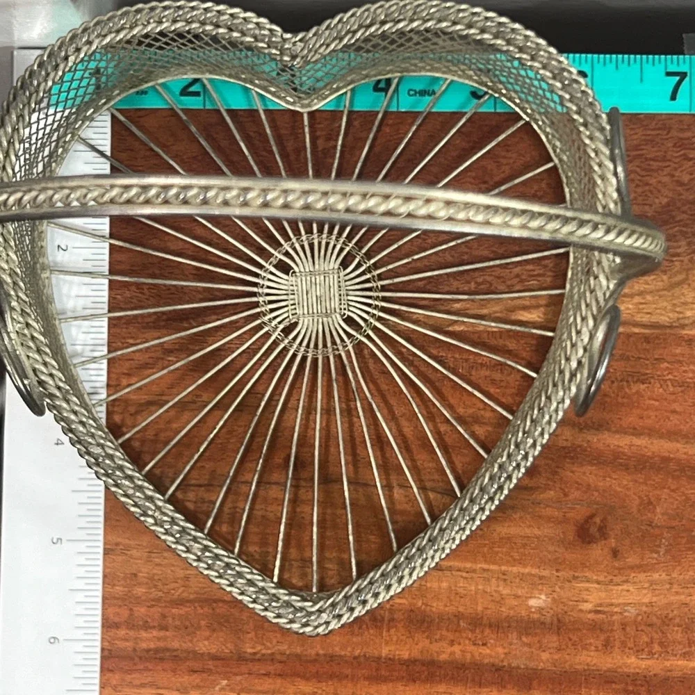 Vintage Silver Heart Shaped Wire Mesh Basket with Handle Scroll Detail Decor